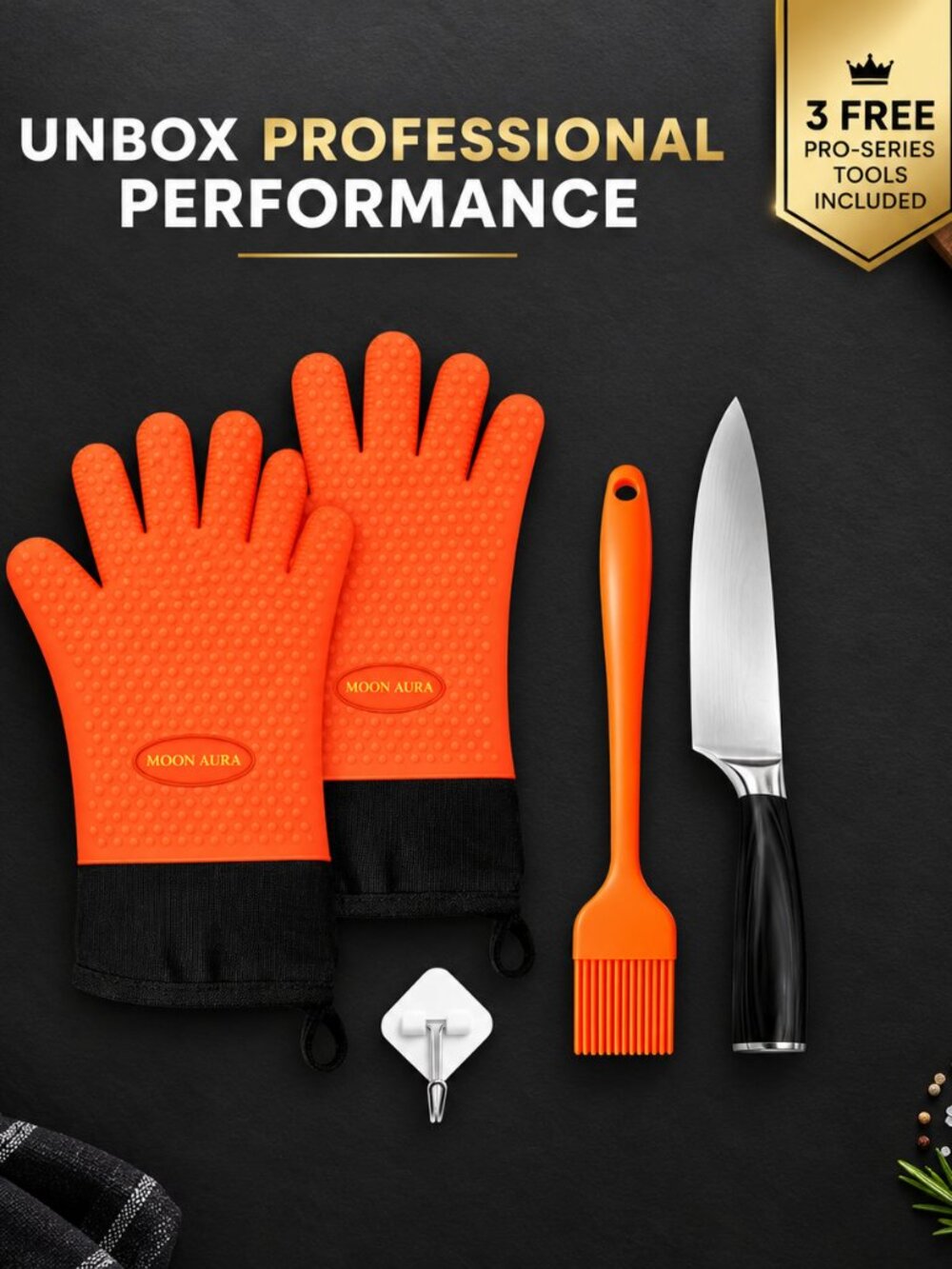 Moon Aura BBQ Gloves Heat Resistant Silicone Oven Mitts 13.38" with Bonus Access